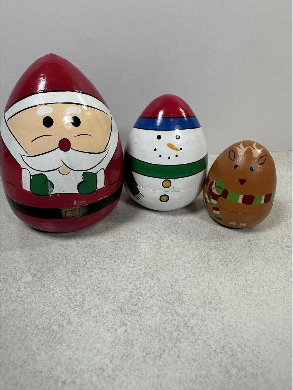 VTG Christmas Santa Snowman Reindeer Nesting Dolls 3 Pc Wood 4”